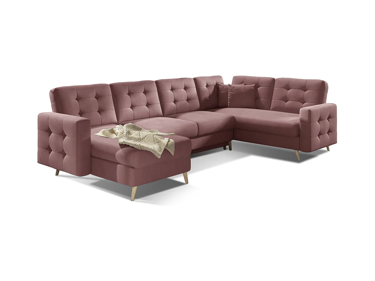 Canapé panoramique convertible capitonné velours rose poudré Anska 320cm