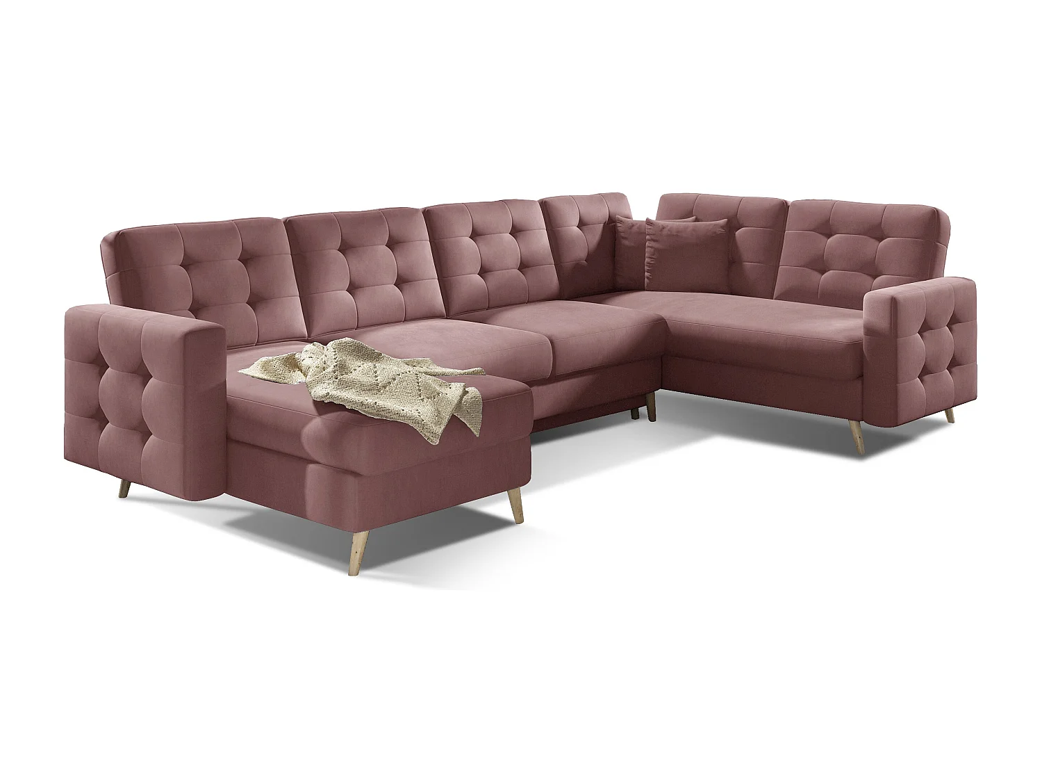 Canapé panoramique convertible capitonné velours rose poudré Anska 320cm