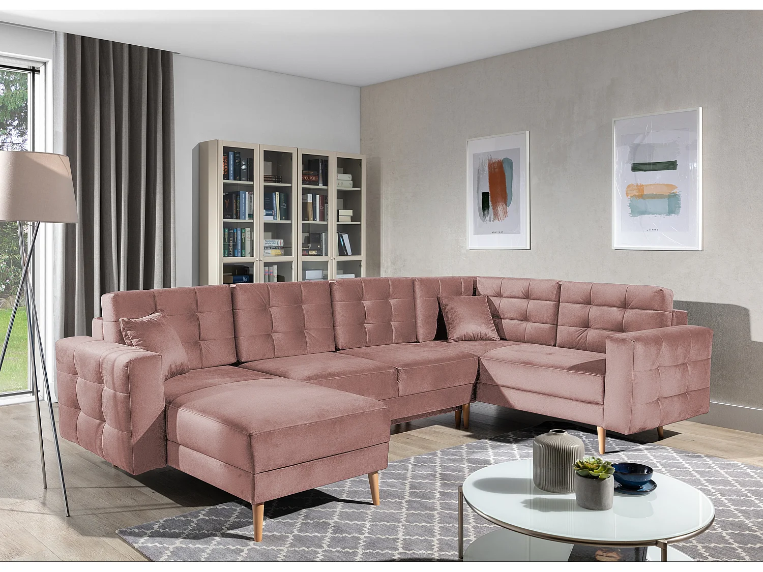 Canapé panoramique convertible capitonné velours rose poudré Anska 320cm