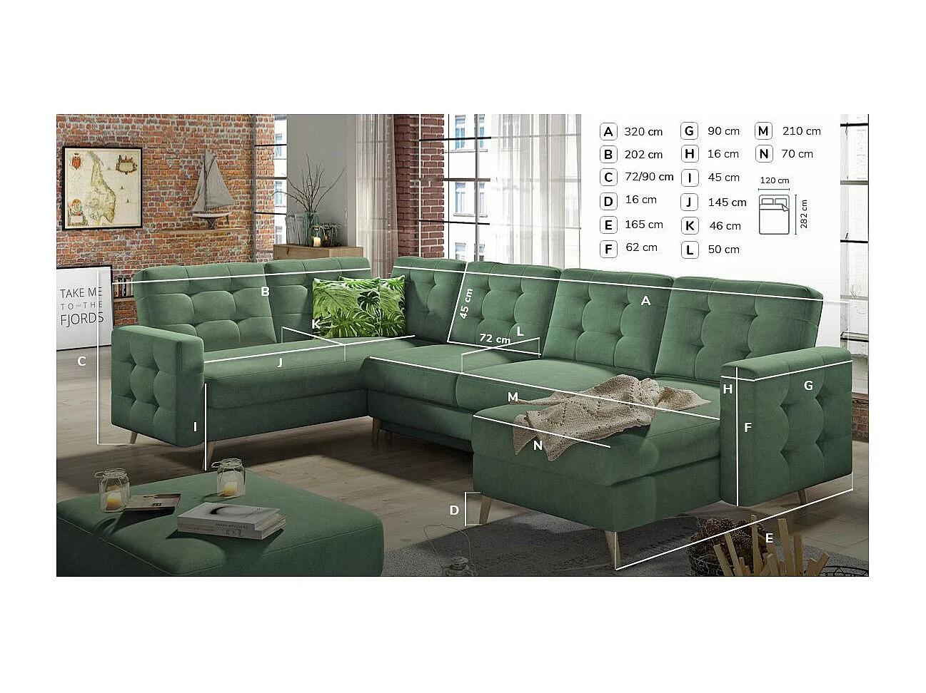 Canapé panoramique convertible capitonné velours rose poudré Anska 320cm