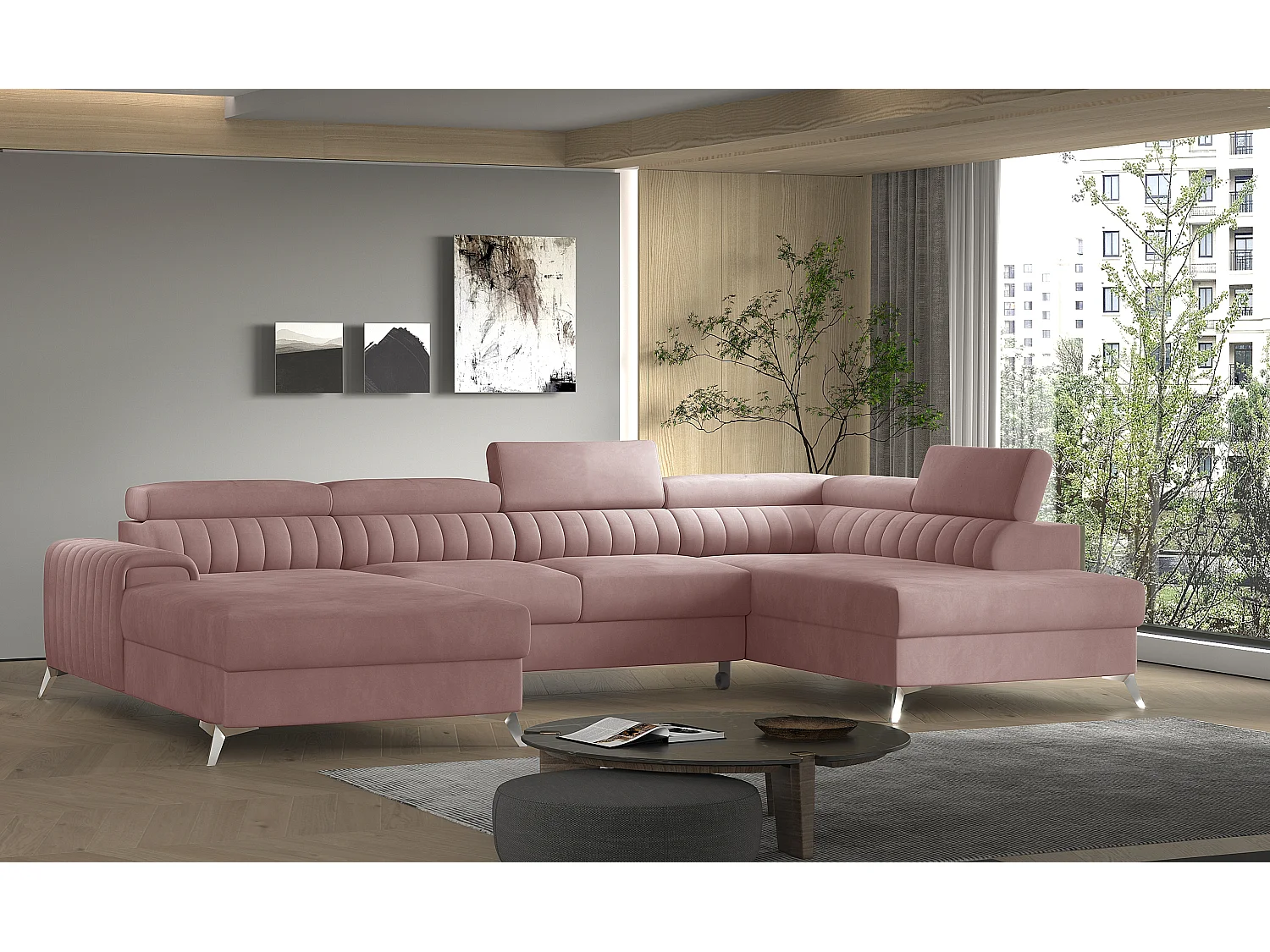 Canapé d'angle U tissu doux brillant rose coffre de rangement à droite Kalante 347cm