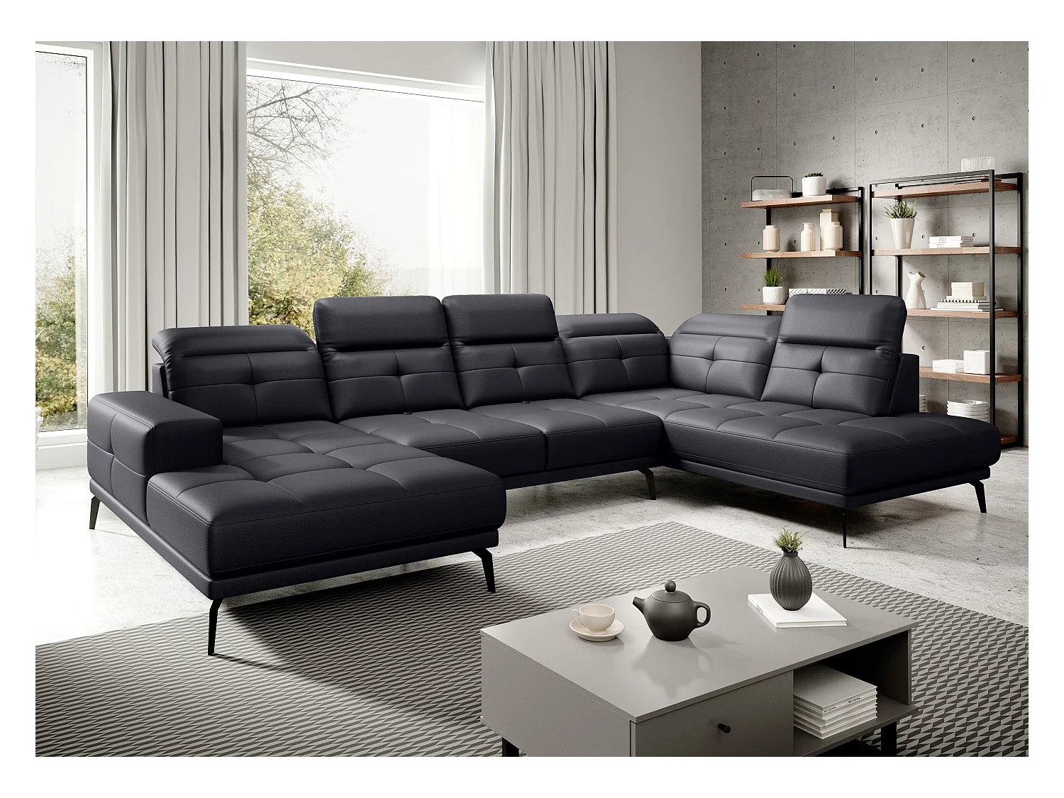Canapé panoramique moderne simili cuir noir angle droit Versus 350cm