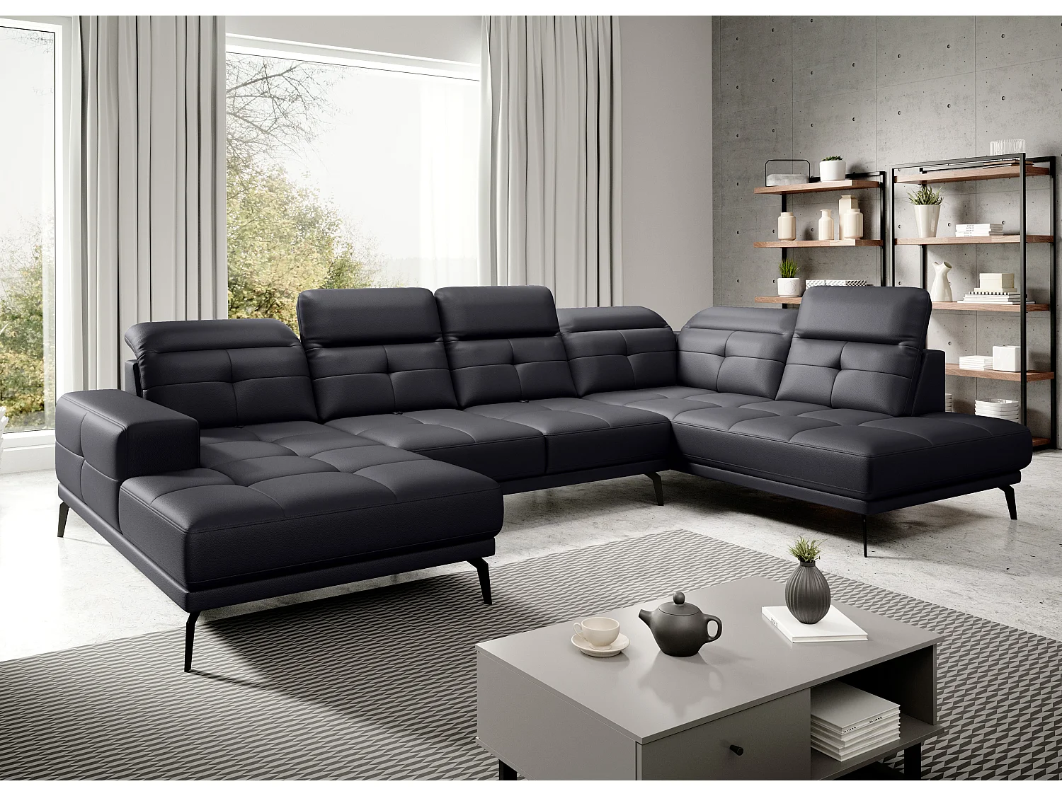 Canapé panoramique moderne simili cuir noir angle droit Versus 350cm