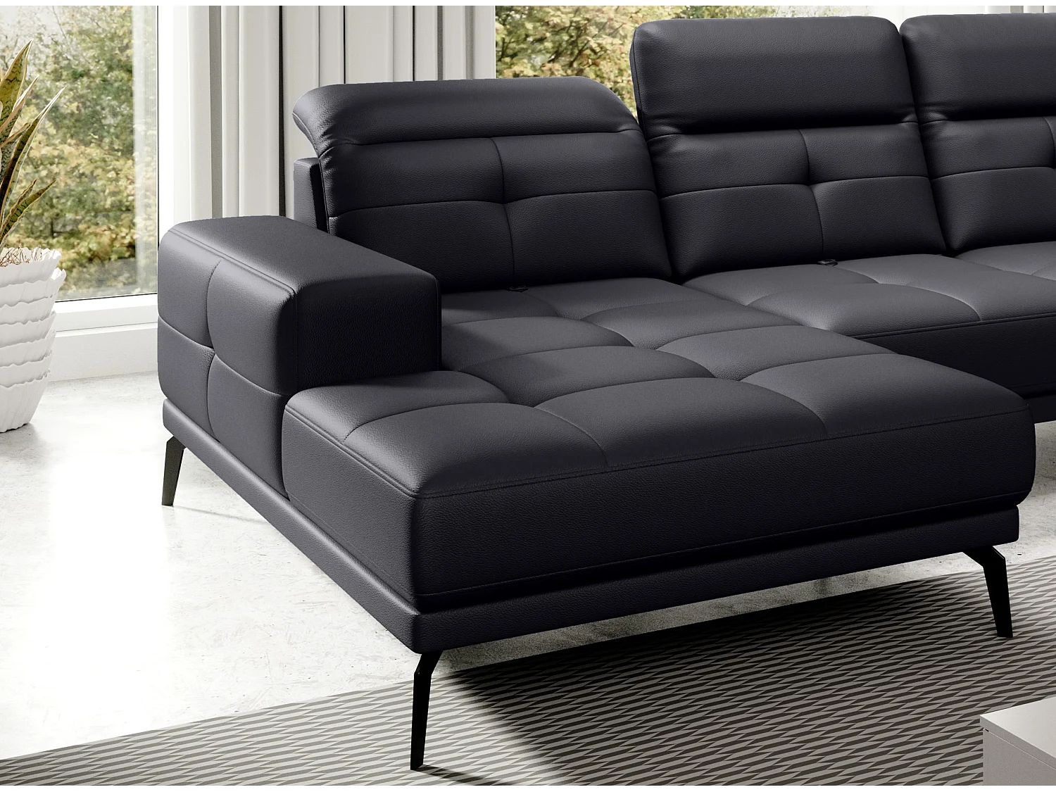 Canapé panoramique moderne simili cuir noir angle droit Versus 350cm