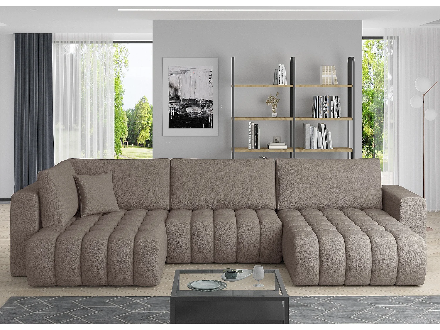 Canapé panoramique convertible design capitonné tissu marron clair méridienne droite Boston 350cm