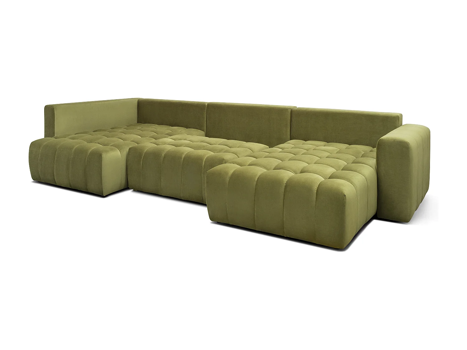 Canapé panoramique convertible design capitonné tissu marron clair méridienne droite Boston 350cm