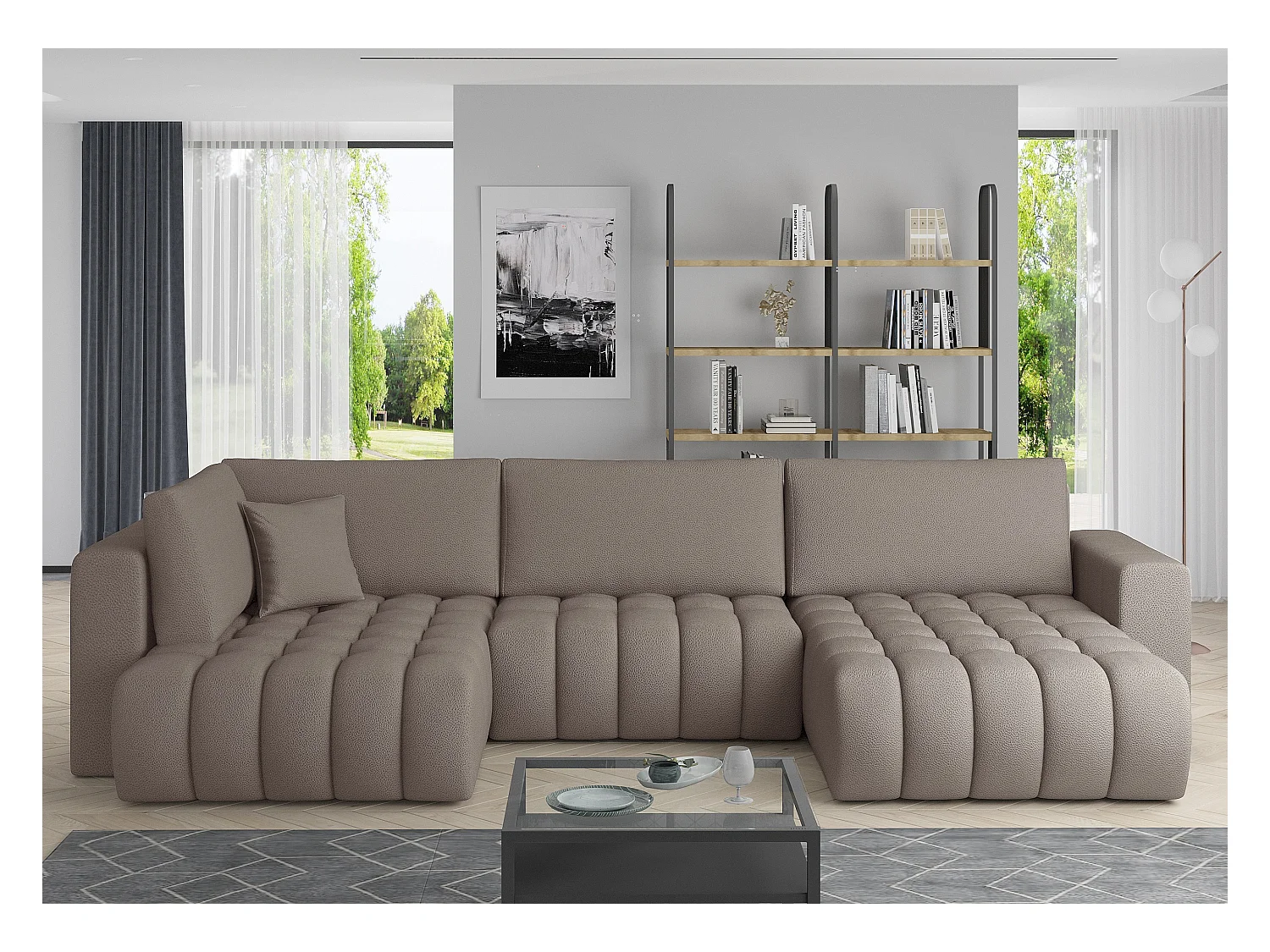 Canapé panoramique convertible design capitonné tissu marron clair méridienne droite Boston 350cm