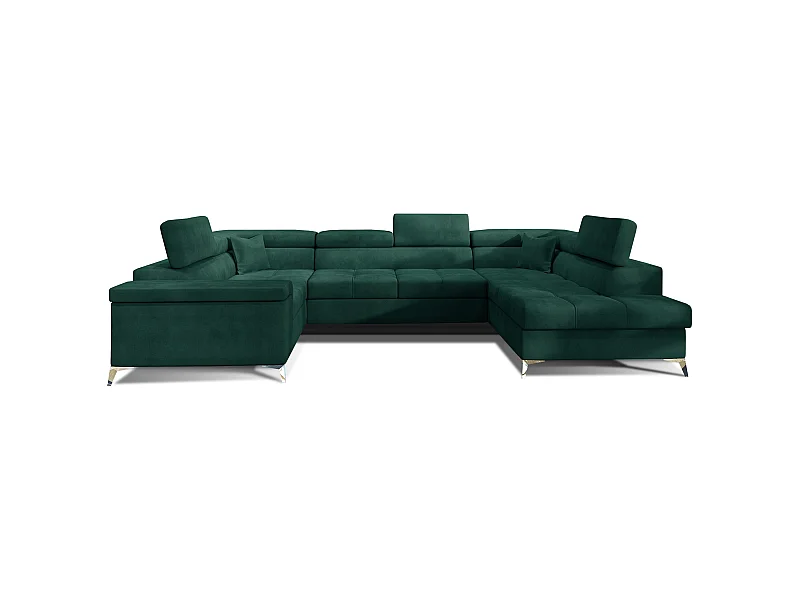 Canapé panoramique convertible velours vert foncé avec coffre de rangement Triano 342cm-Coffre de rangement à droite