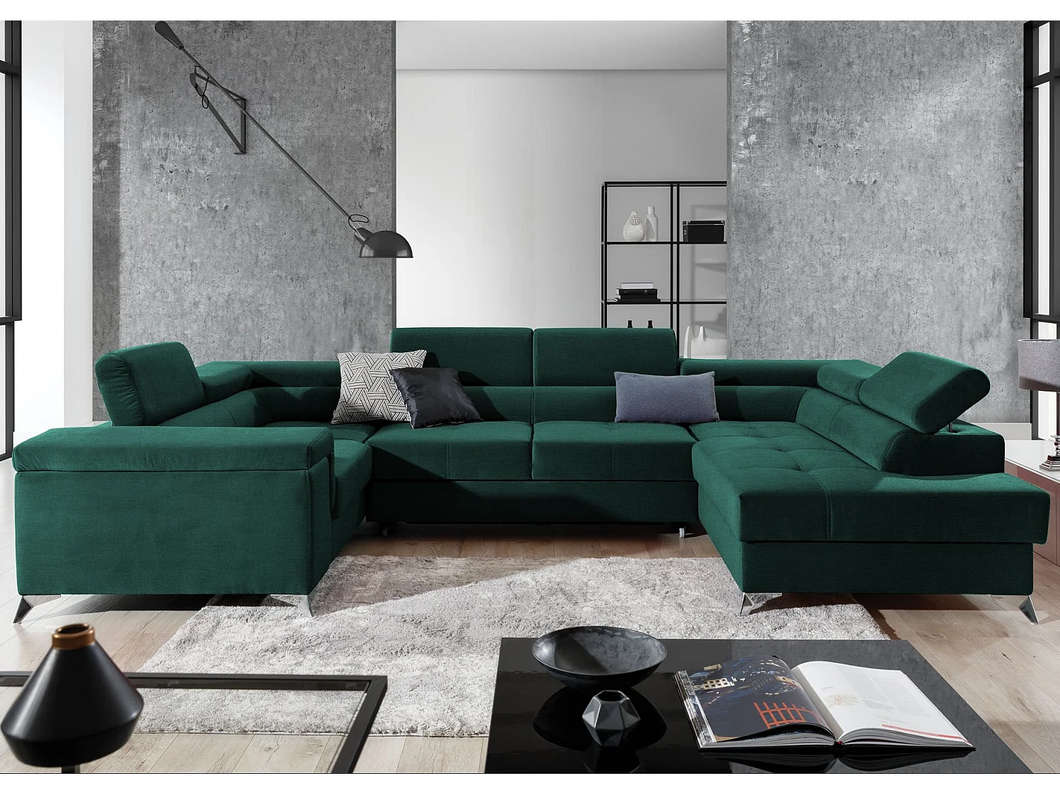 Canapé panoramique convertible velours vert foncé avec coffre de rangement Triano 342cm-Coffre de rangement à droite