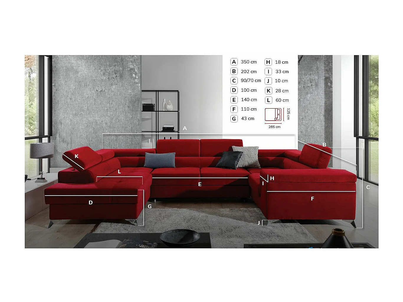 Canapé panoramique convertible velours vert foncé avec coffre de rangement Triano 342cm-Coffre de rangement à droite