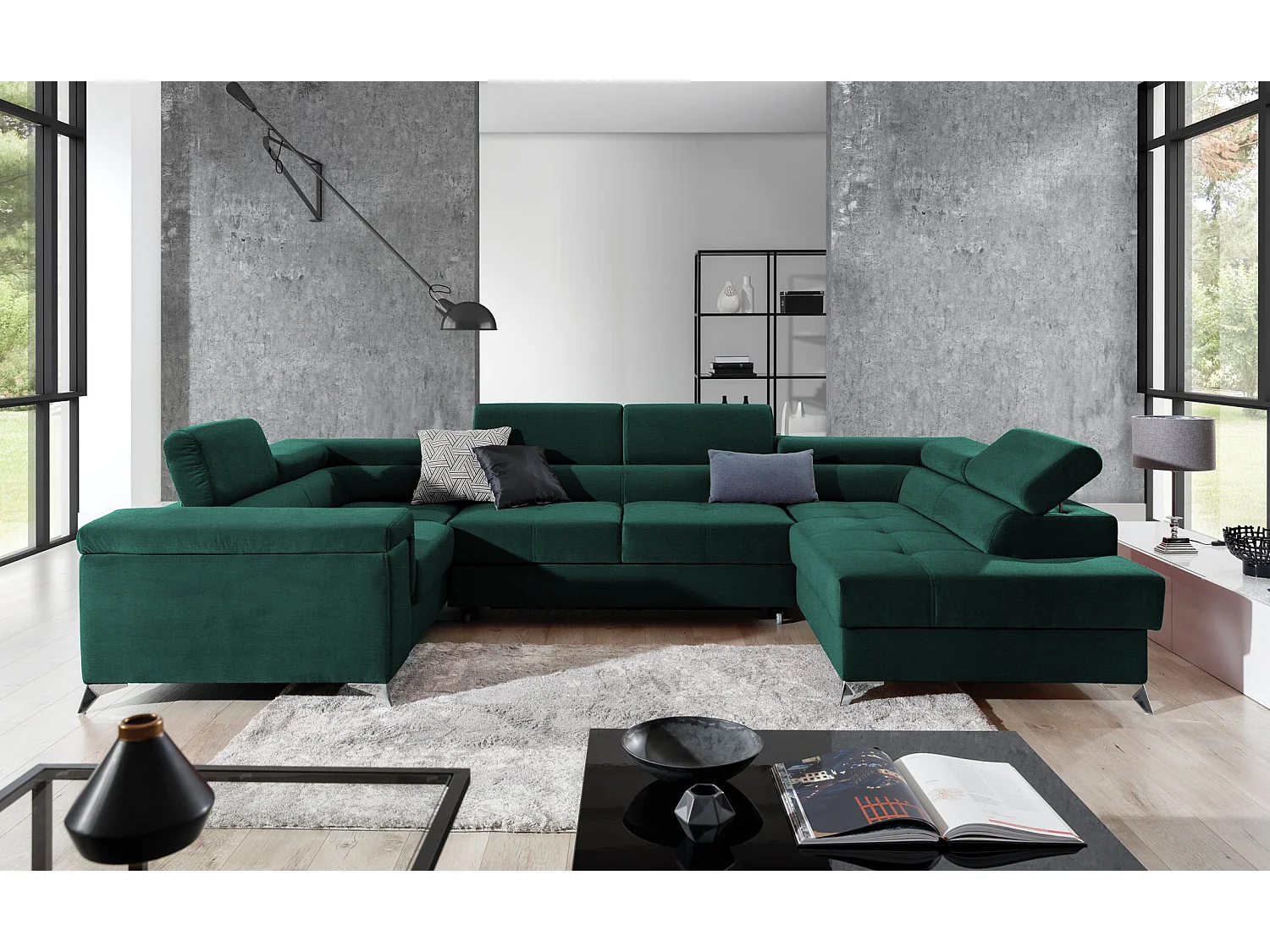 Sofá panorámico convertible TRIANO en terciopelo, con almacenaje y reposacabezas ajustables-Verde-Caja Lado derecho
