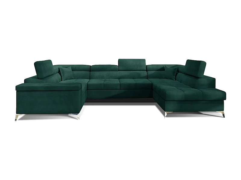 Canapé panoramique convertible velours vert foncé avec coffre de rangement Triano 342cm-Coffre de rangement à droite