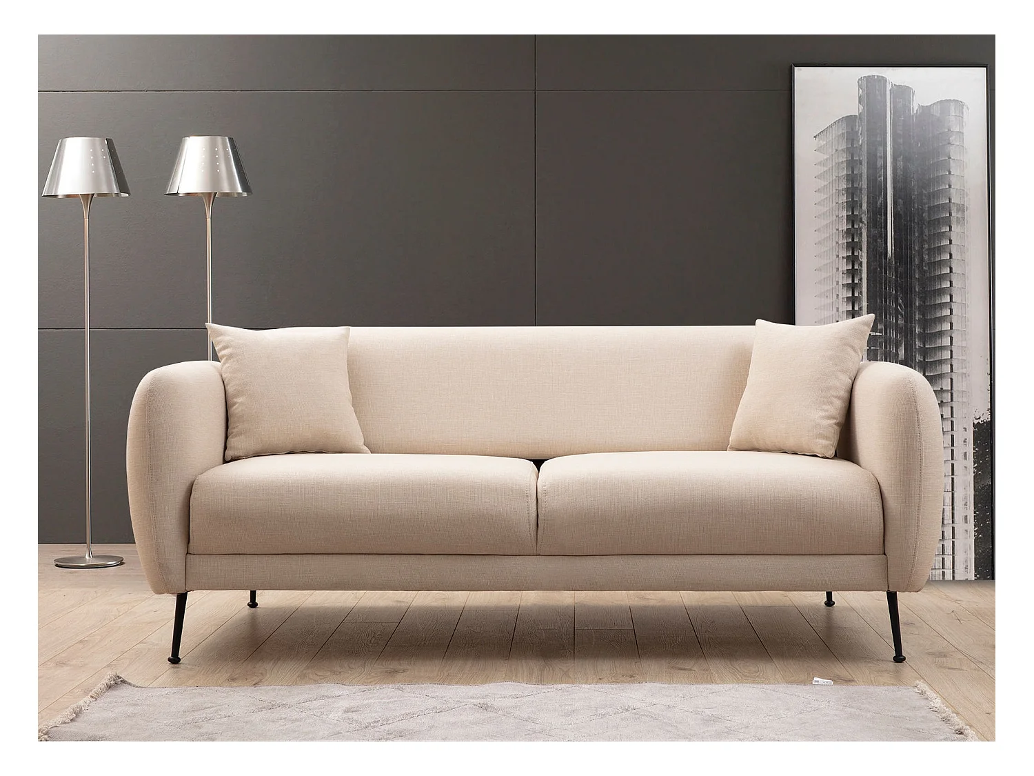 Canapé moderne 3 places tissu beige et pieds métal noir Kezila 214cm
