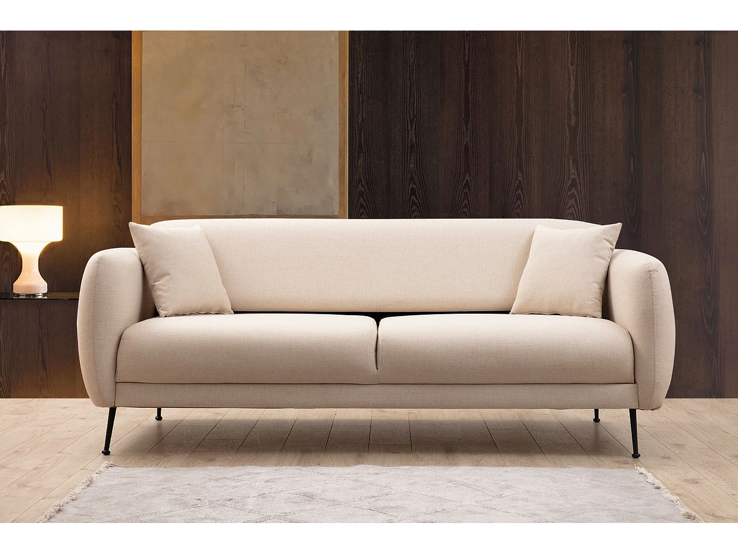 Canapé moderne 3 places tissu beige et pieds métal noir Kezila 214cm