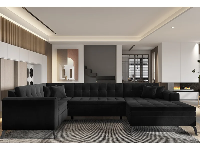 Canapé panoramique convertible droit tissu doux noir matelassé Bonty 340cm