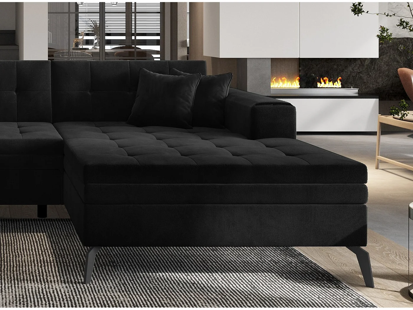 Canapé panoramique convertible droit tissu doux noir matelassé Bonty 340cm