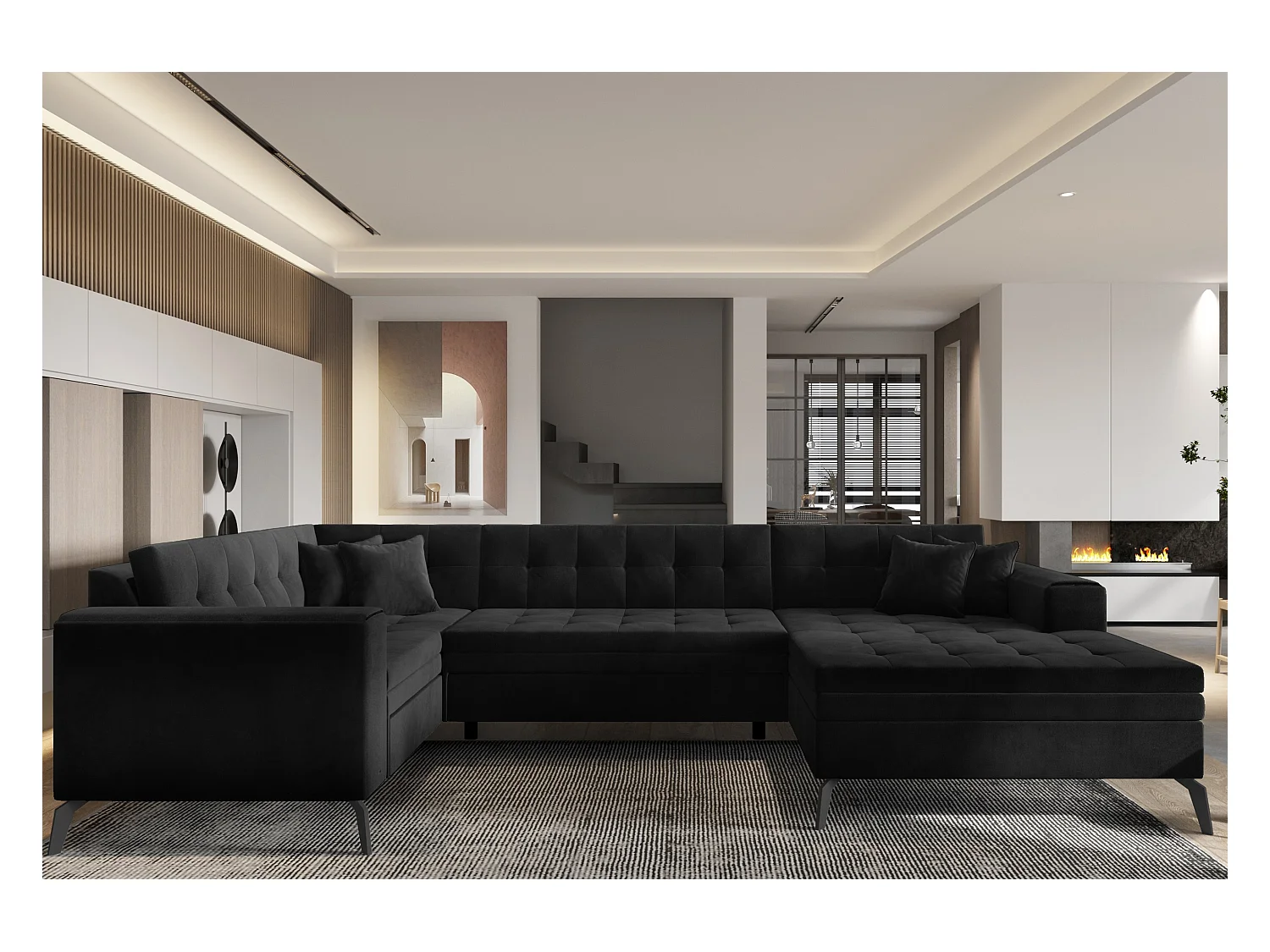Canapé panoramique convertible droit tissu doux noir matelassé Bonty 340cm