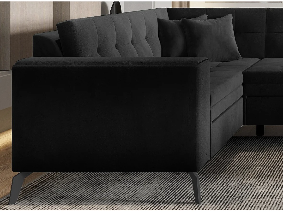 Canapé d'angle panoramique convertible 5 places en tissu matelasse noir
