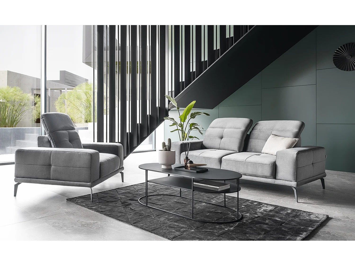 Designer rechte bank 2/3 zits zachte lichtgrijze stof Torpille 195 cm