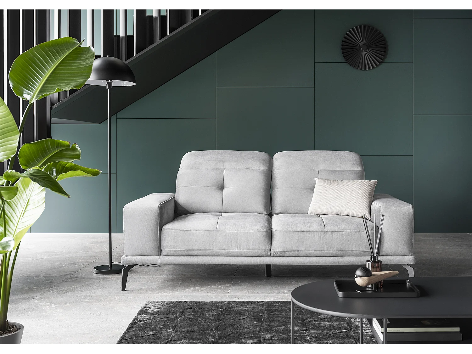 Canapé droit design 2-3 places tissu doux gris clair Torpille 195cm