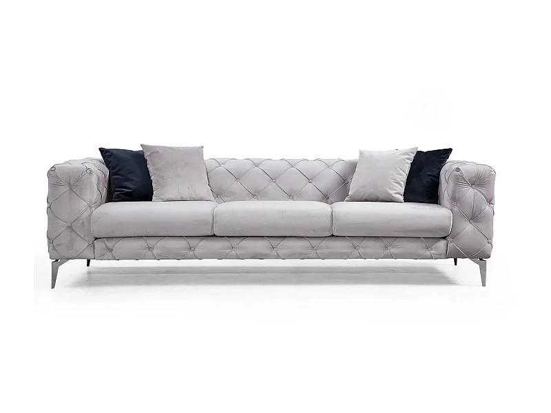 3-zitsbank gestoffeerd in lichtgrijs fluweel en chromen poten Herakles 237 cm