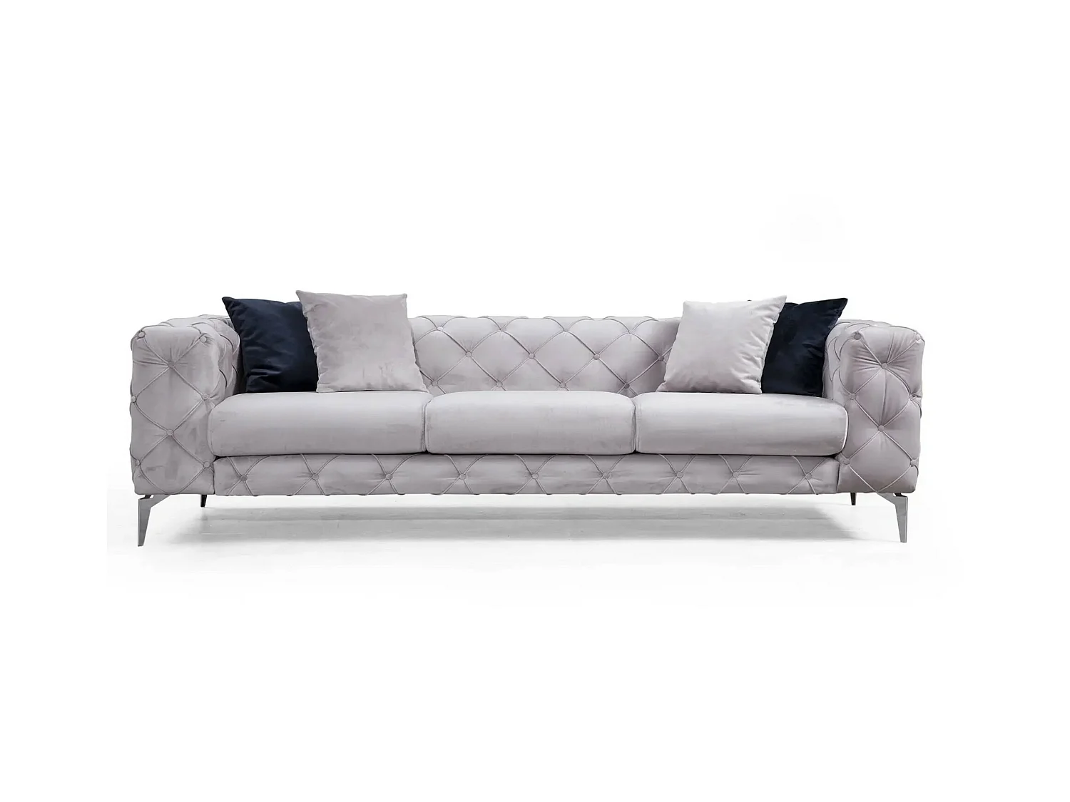 Canapé 3 places capitonné velours gris clair et pieds chromés Herakles 237cm