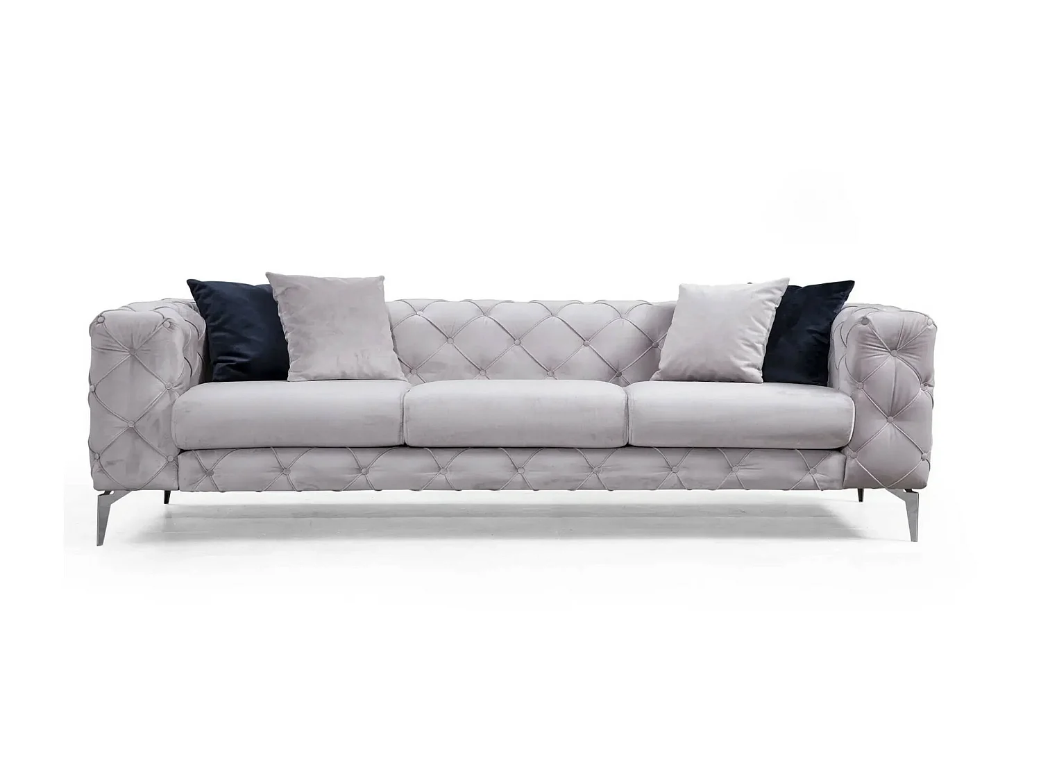 Canapé 3 places capitonné velours gris clair et pieds chromés Herakles 237cm