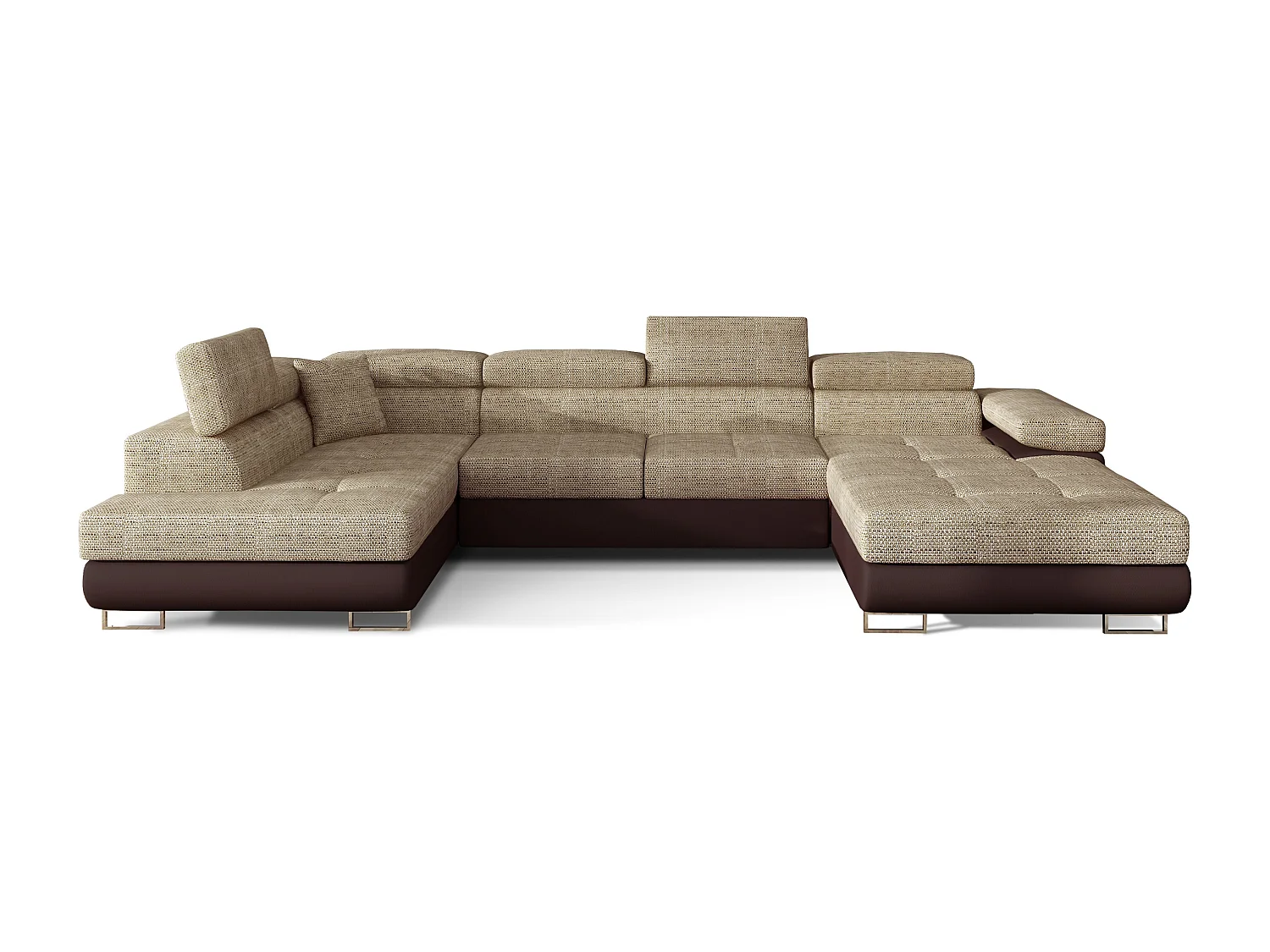 Canapé panoramique tissu beige clair chiné et simili cuir marron convertible avec coffre de rangement Romano 345cm-Coffre de rangement à gauche