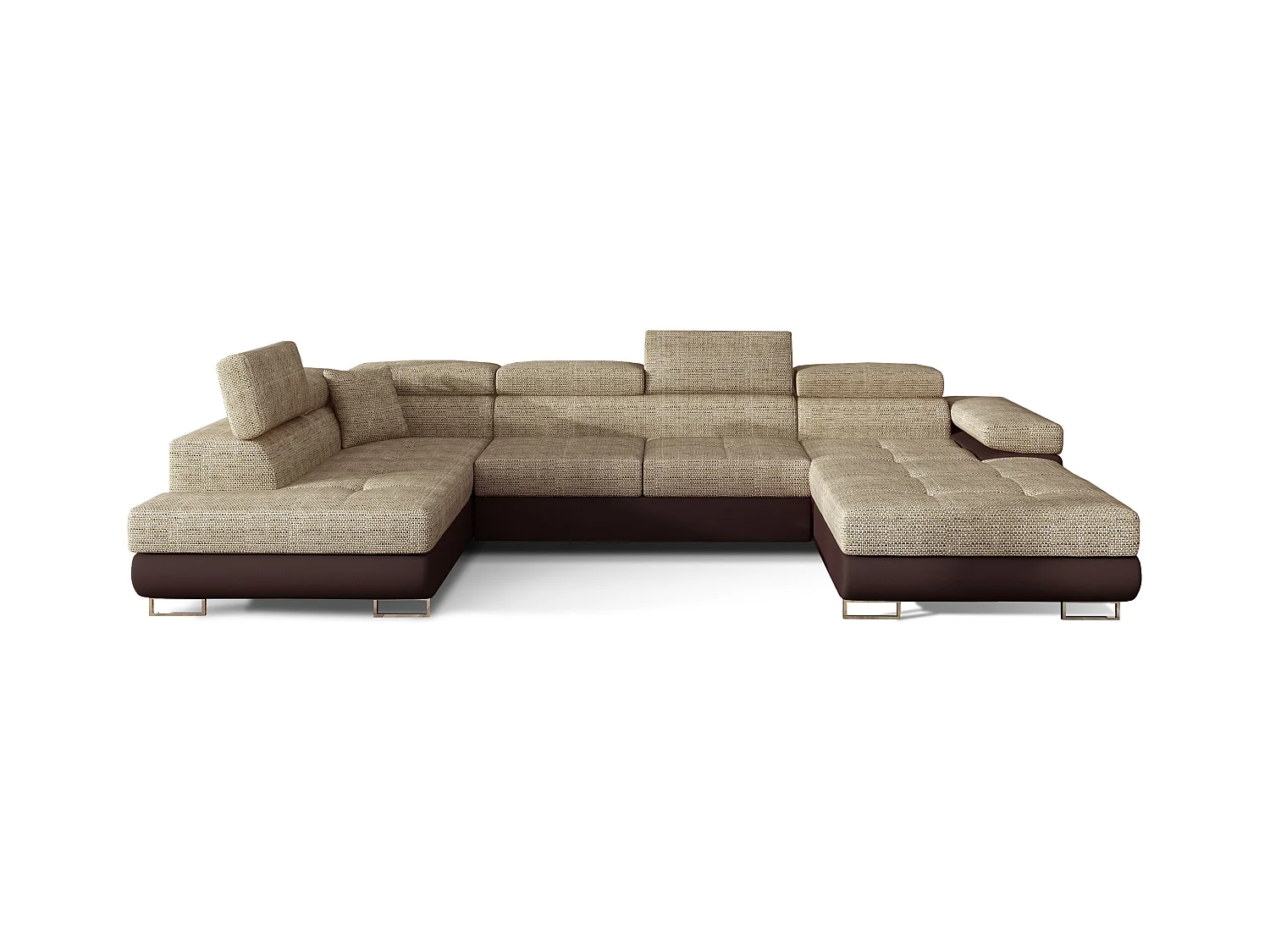 Canapé panoramique tissu beige clair chiné et simili cuir marron convertible avec coffre de rangement Romano 345cm-Coffre de rangement à gauche