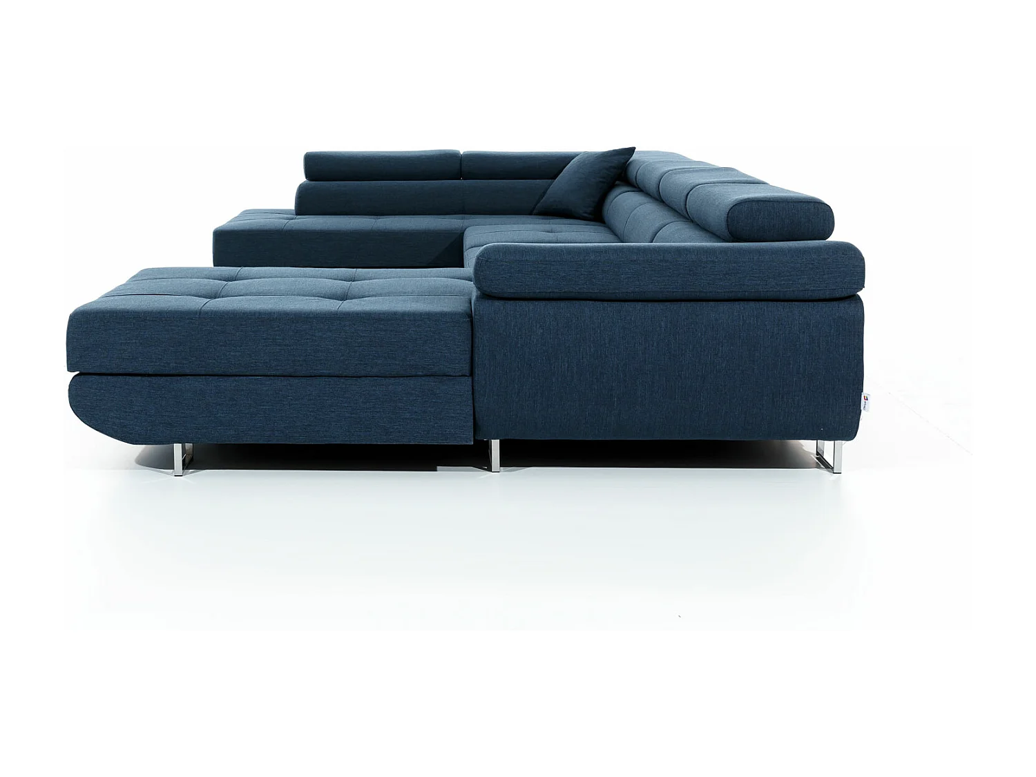 Canapé panoramique tissu beige clair chiné et simili cuir marron convertible avec coffre de rangement Romano 345cm-Coffre de rangement à gauche