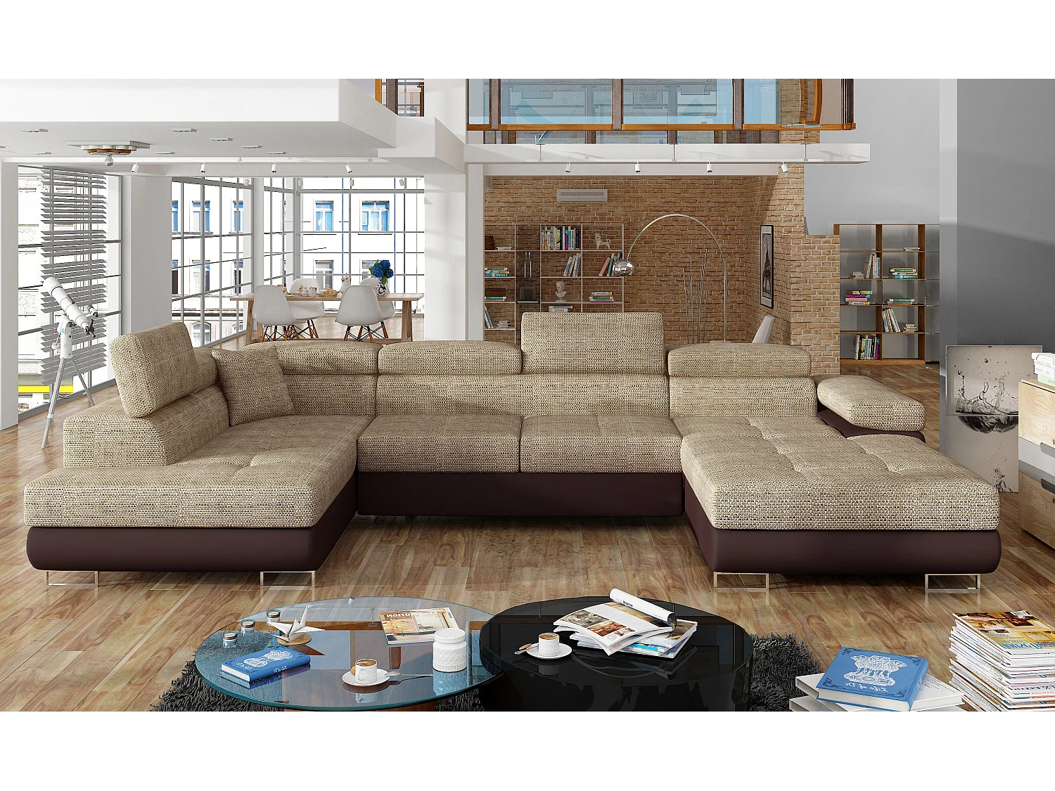 Canapé panoramique tissu beige clair chiné et simili cuir marron convertible avec coffre de rangement Romano 345cm-Coffre de rangement à gauche