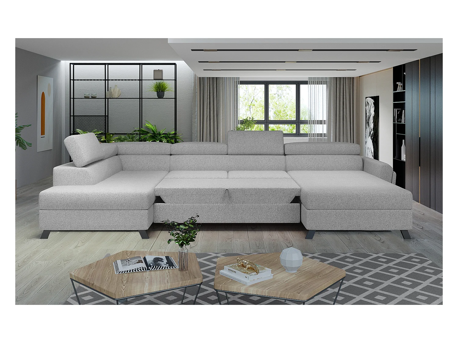 Grand canapé panoramique convertible tissu gris très clair avec coffre Konba 370cm-Coffre de rangement à gauche