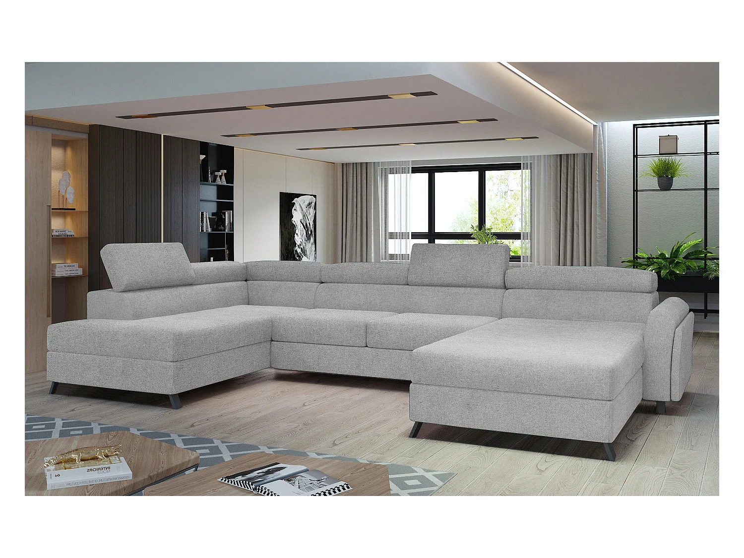 Grand canapé panoramique convertible tissu gris très clair avec coffre Konba 370cm-Coffre de rangement à gauche