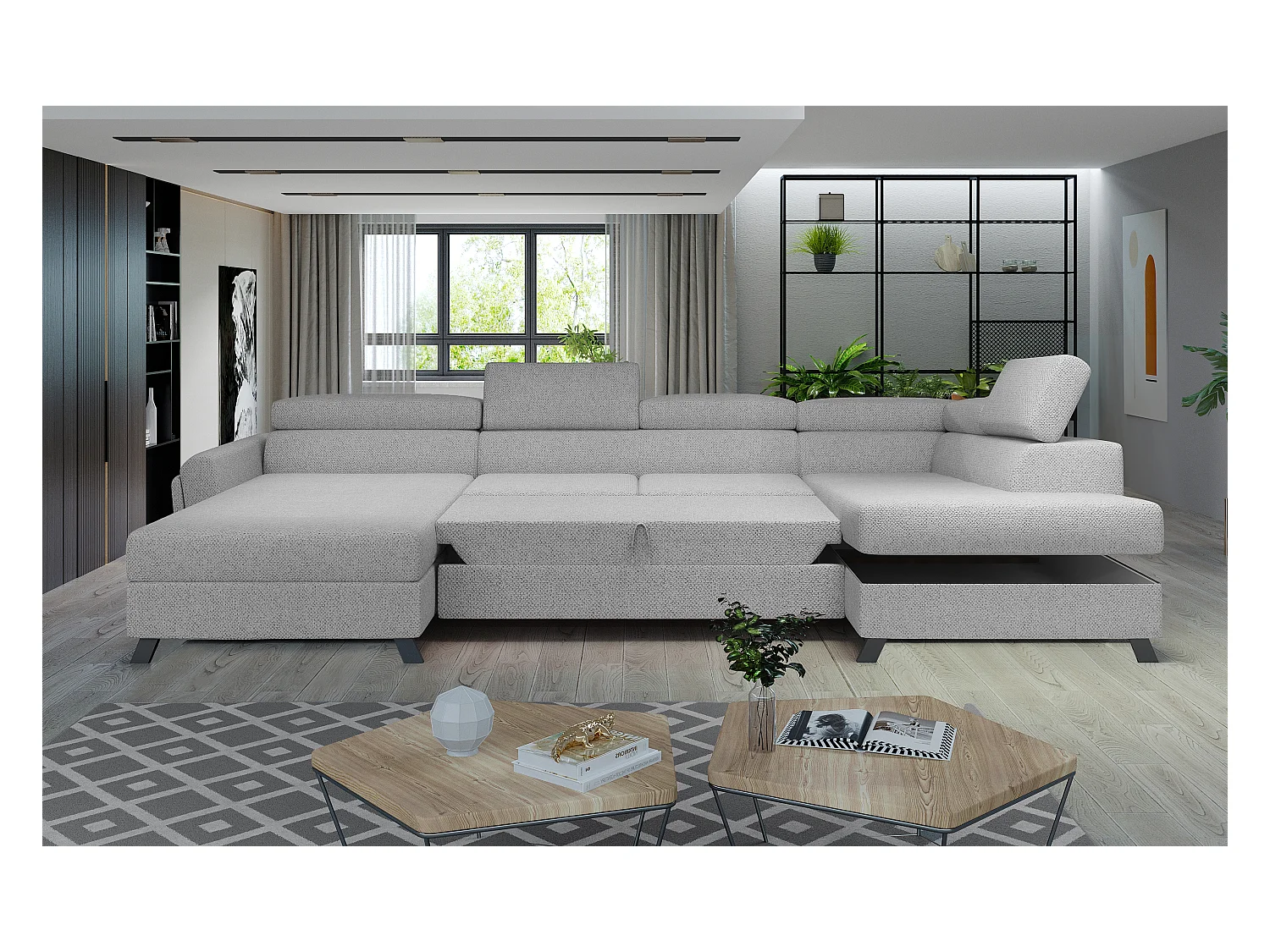 Grand canapé panoramique convertible tissu gris très clair avec coffre Konba 370cm-Coffre de rangement à gauche