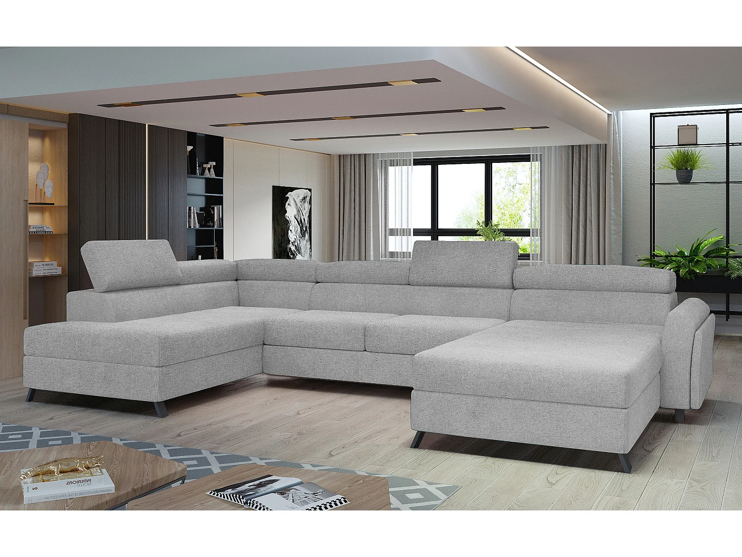 Grand canapé panoramique convertible tissu gris très clair avec coffre Konba 370cm-Coffre de rangement à gauche