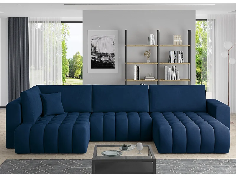 Canapé panoramique convertible design capitonné tissu bleu foncé méridienne droite Boston 350cm