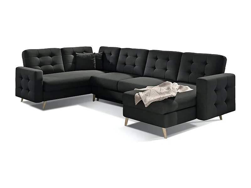 Canapé panoramique convertible capitonné tissu noir Anska 320cm