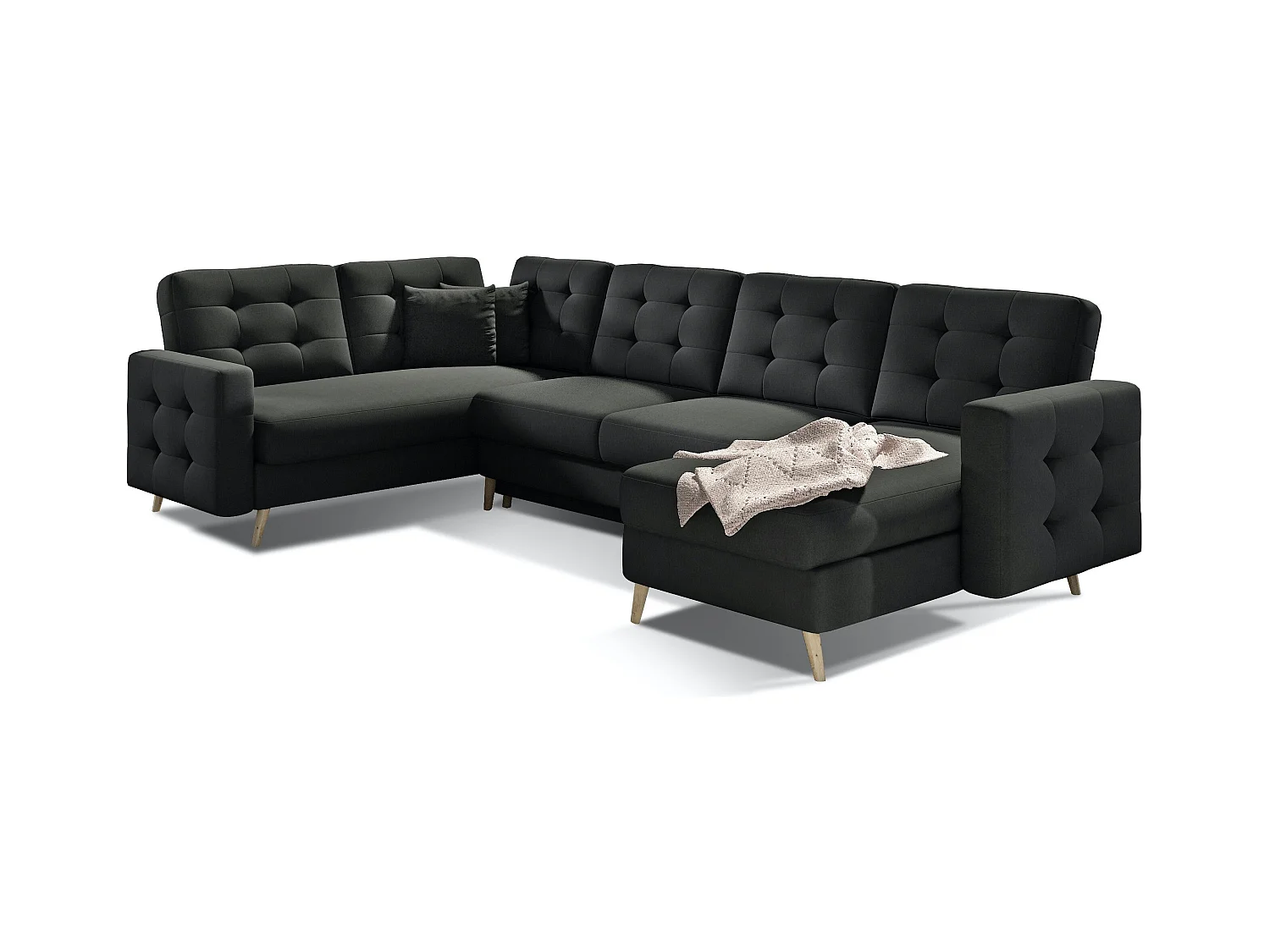 Canapé panoramique convertible capitonné tissu noir Anska 320cm