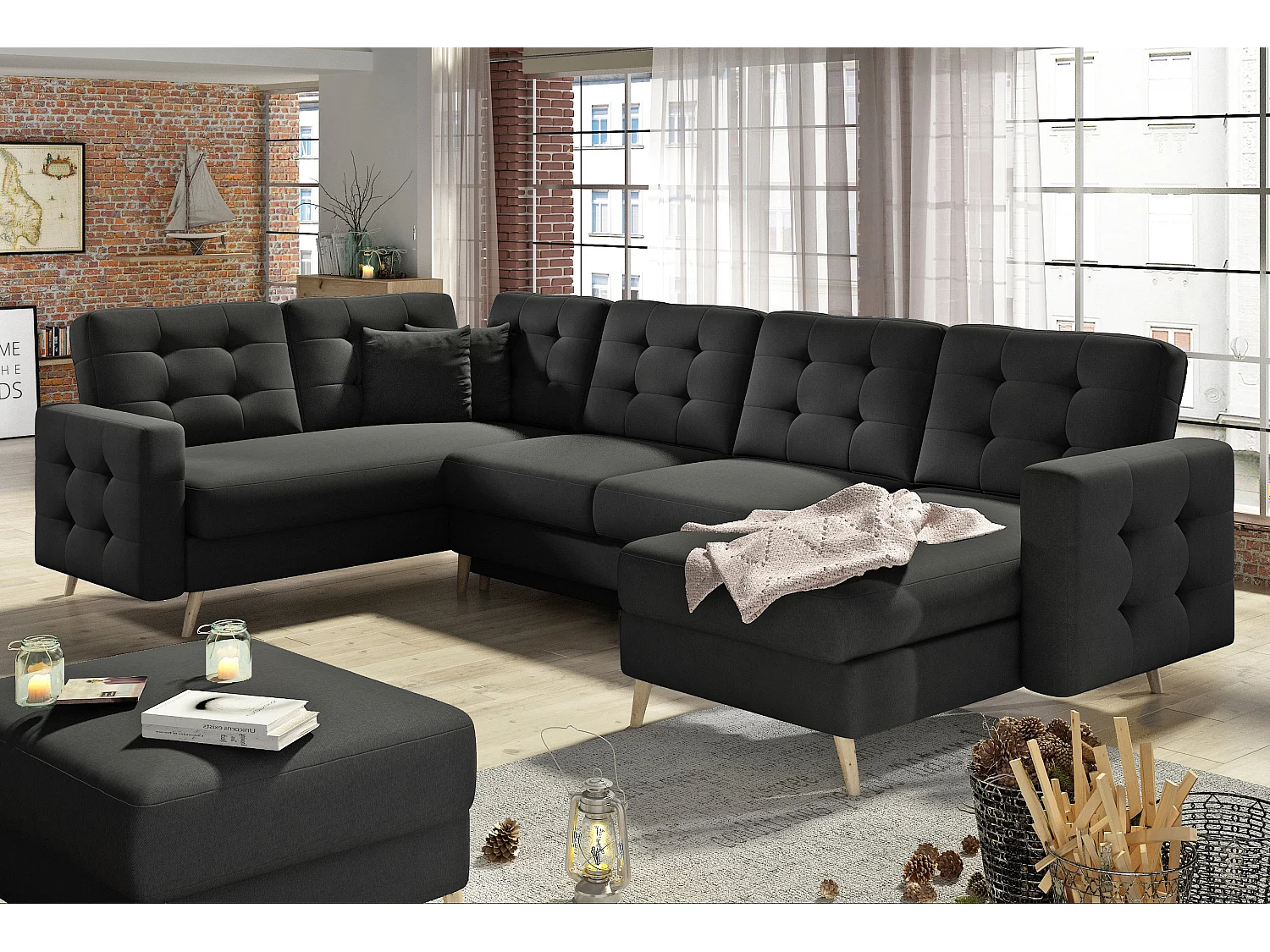 Canapé panoramique convertible capitonné tissu noir Anska 320cm
