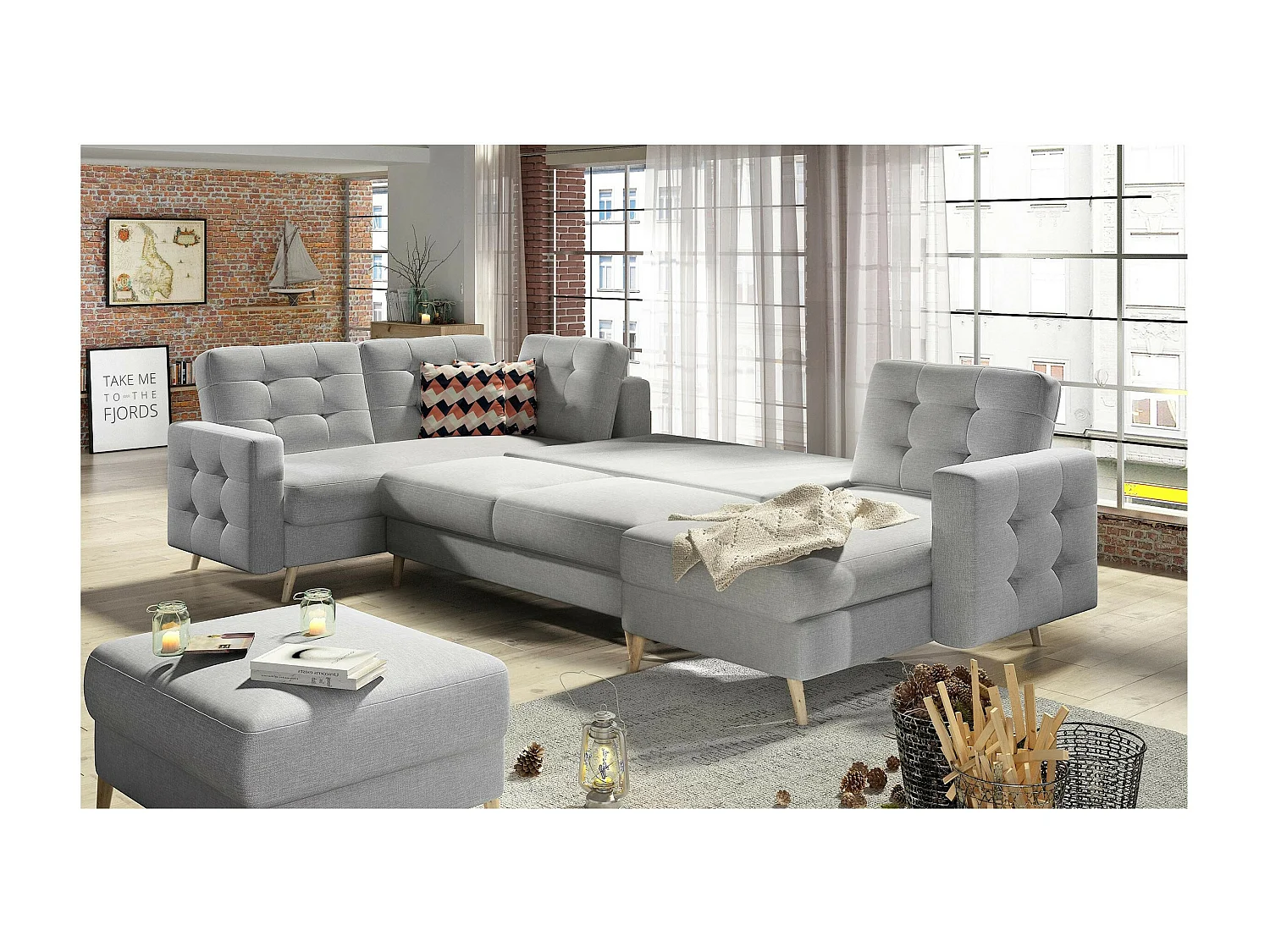 Canapé panoramique convertible capitonné tissu noir Anska 320cm