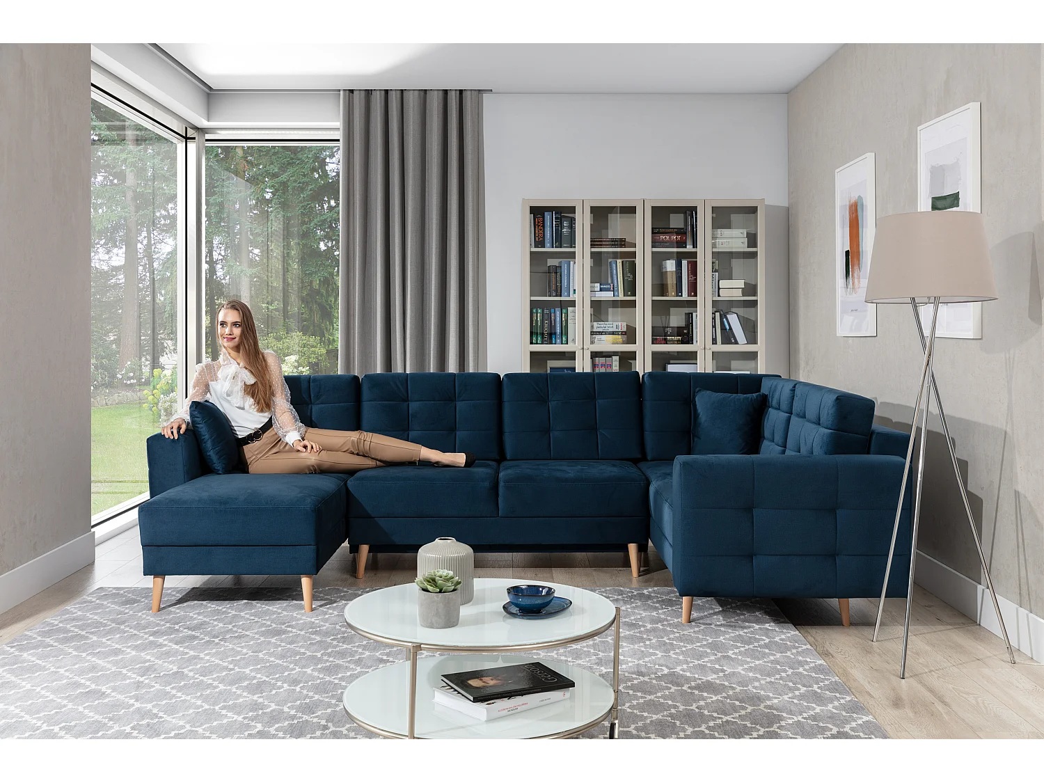 Canapé panoramique convertible capitonné tissu noir Anska 320cm