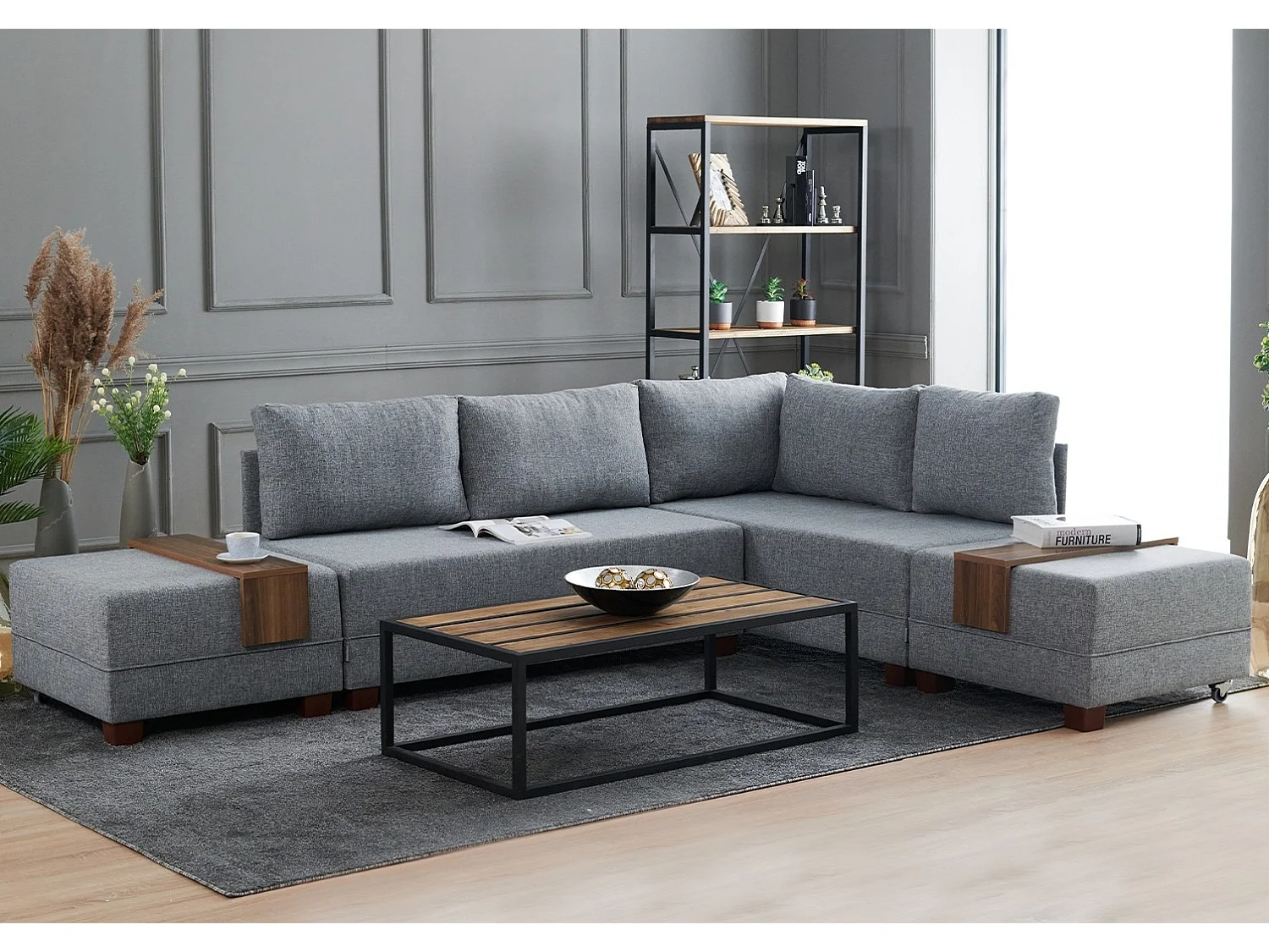 Canapé d'angle droit et 2 poufs tissu gris Tikona 280cm