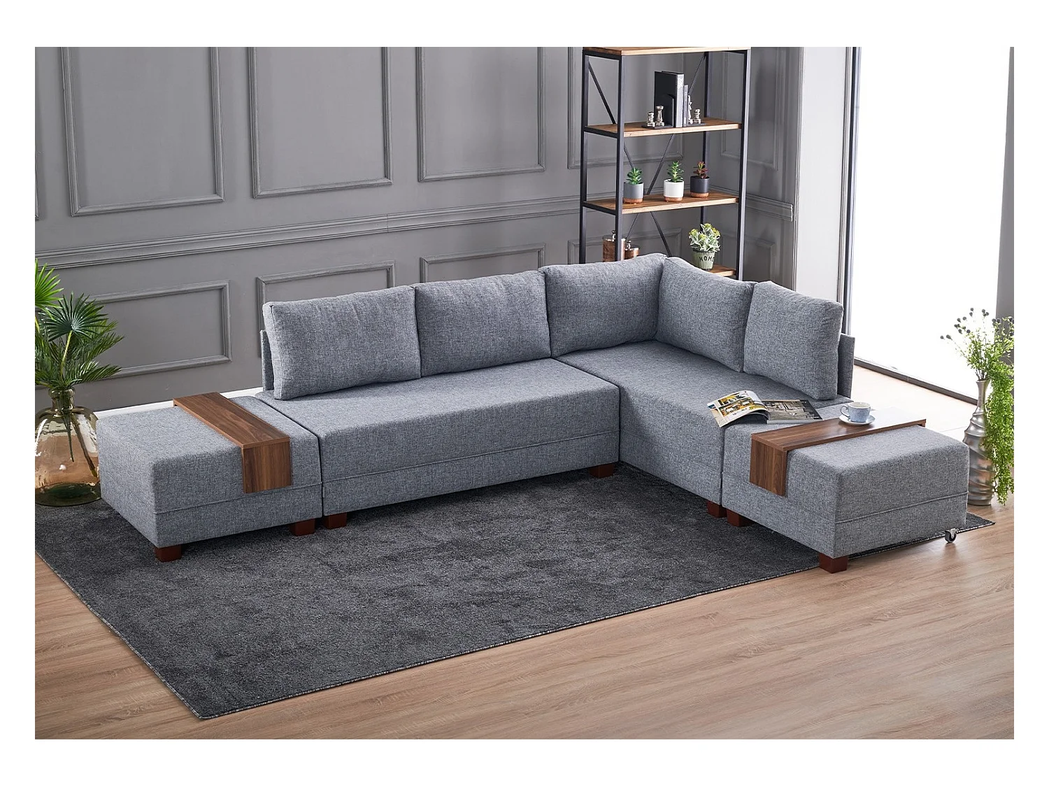 Canapé d'angle droit et 2 poufs tissu gris Tikona 280cm
