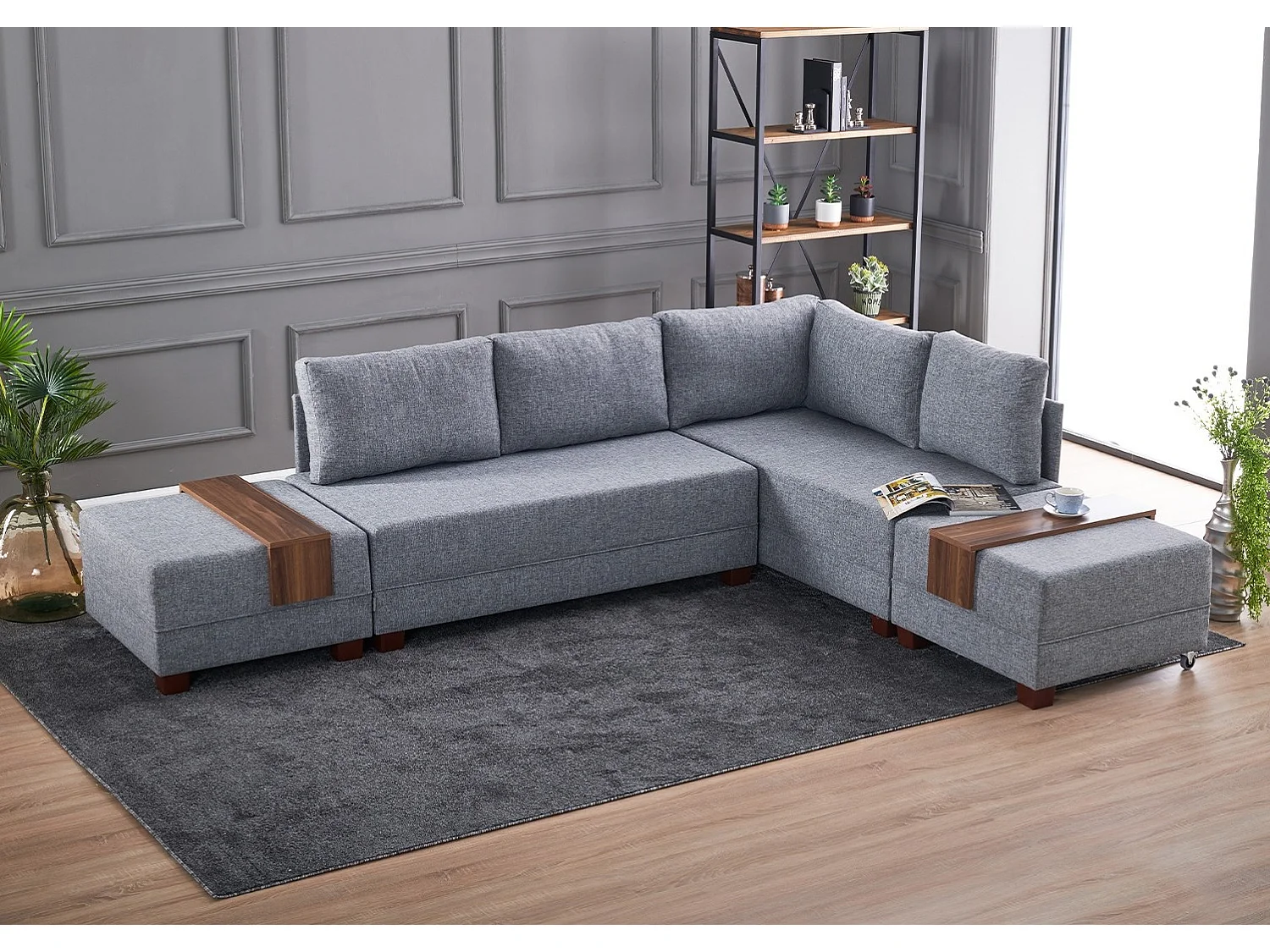 Canapé d'angle droit et 2 poufs tissu gris Tikona 280cm