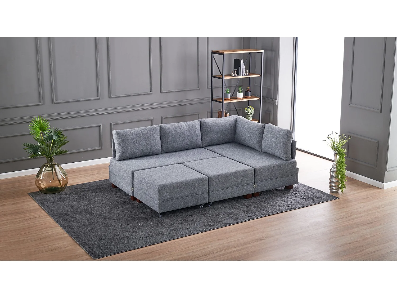 Canapé d'angle droit et 2 poufs tissu gris Tikona 280cm