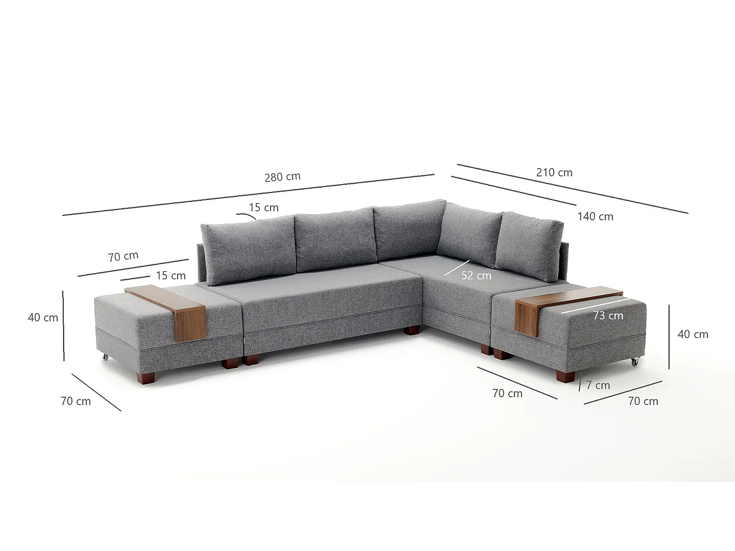 Canapé d'angle droit et 2 poufs tissu gris Tikona 280cm