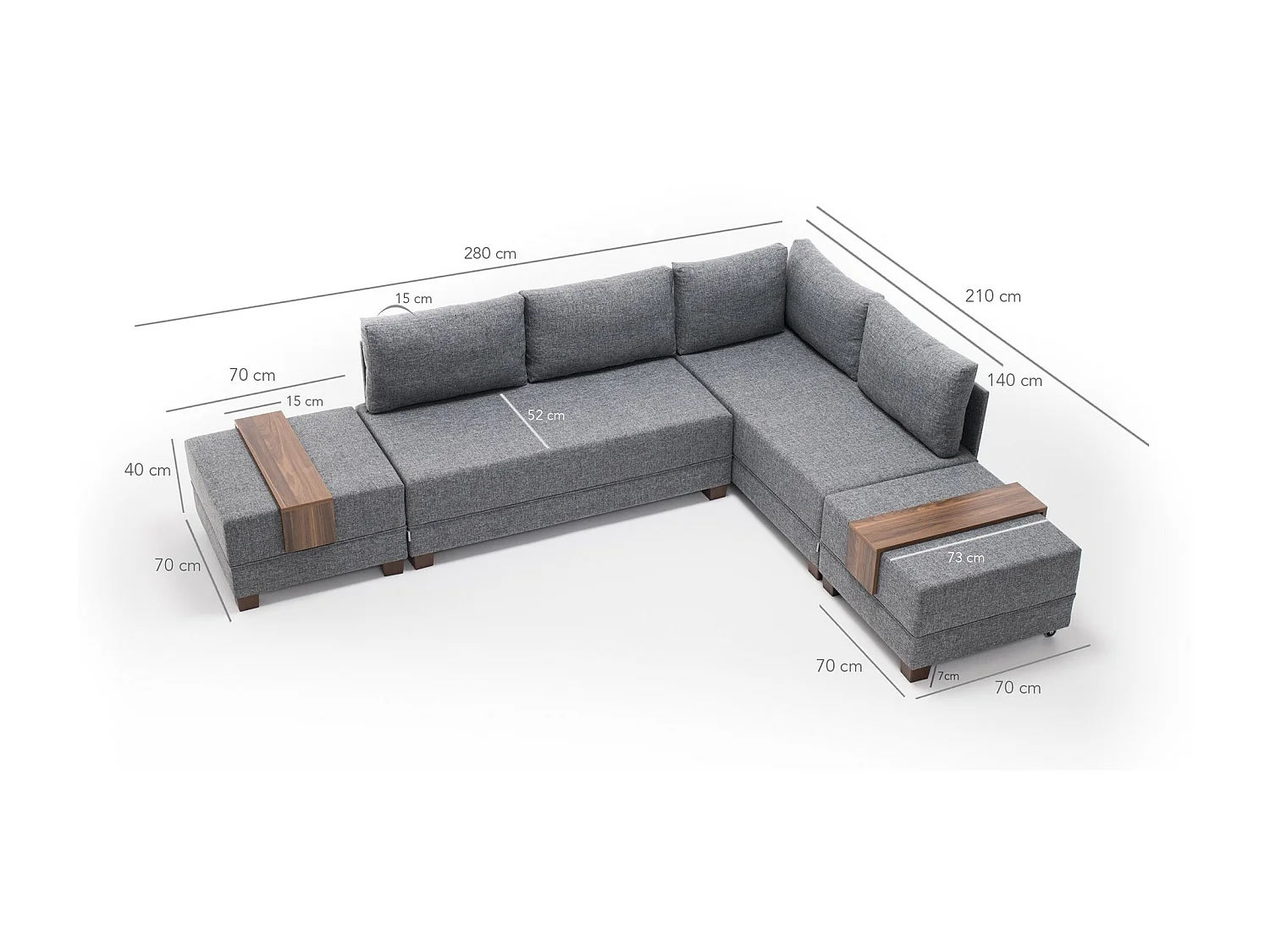 Canapé d'angle droit et 2 poufs tissu gris Tikona 280cm