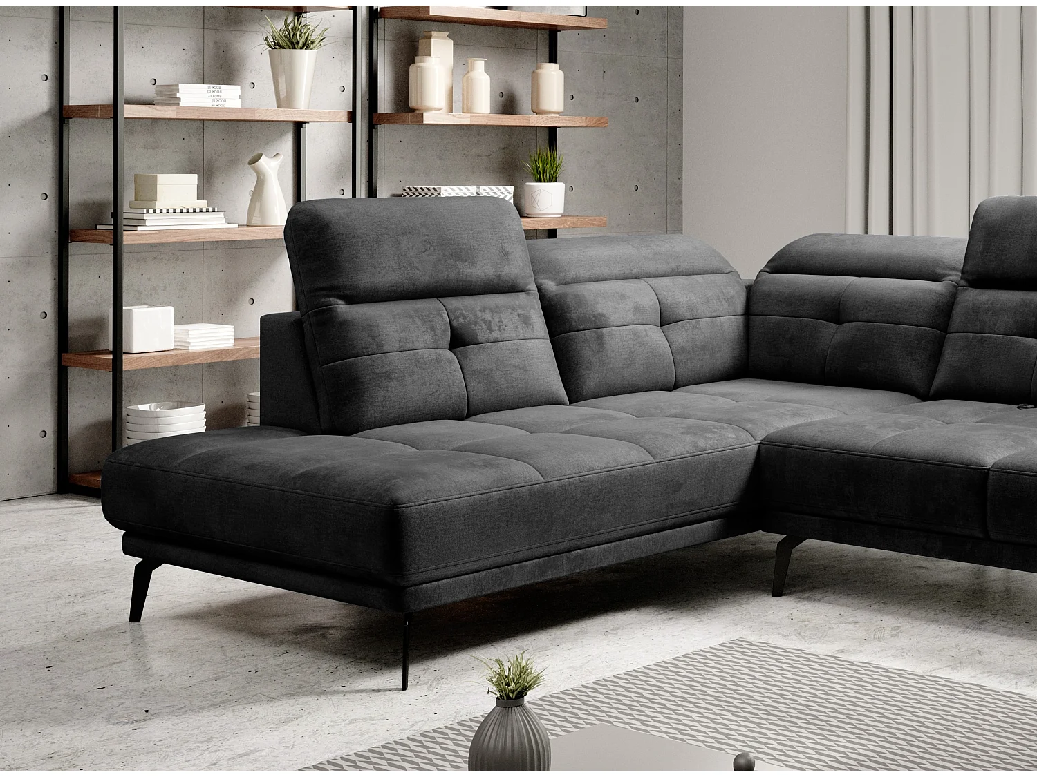 Canapé panoramique moderne tissu doux noir têtières angle gauche Versus 350cm