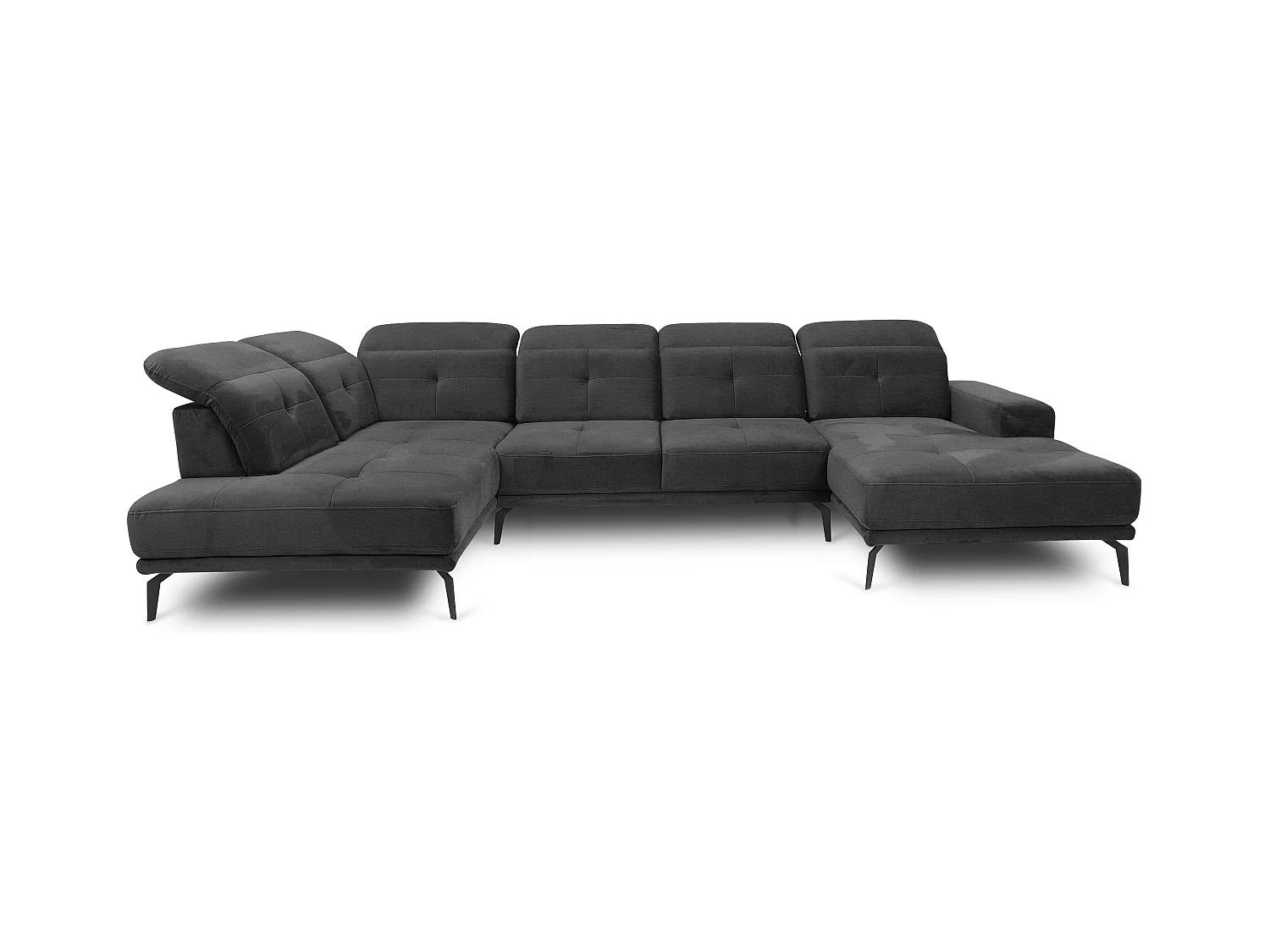 Canapé panoramique moderne tissu doux noir têtières angle gauche Versus 350cm