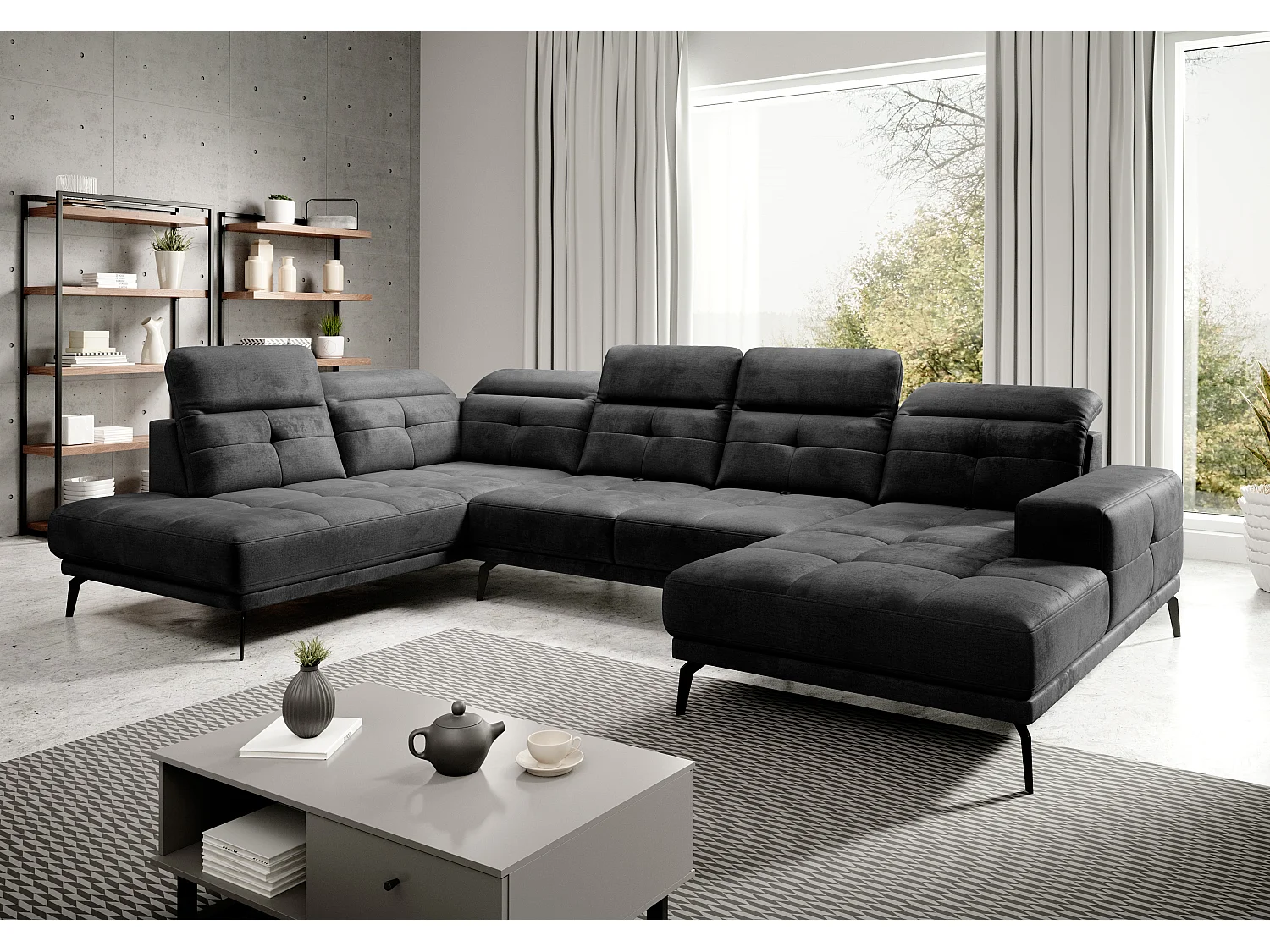 Canapé panoramique moderne tissu doux noir têtières angle gauche Versus 350cm